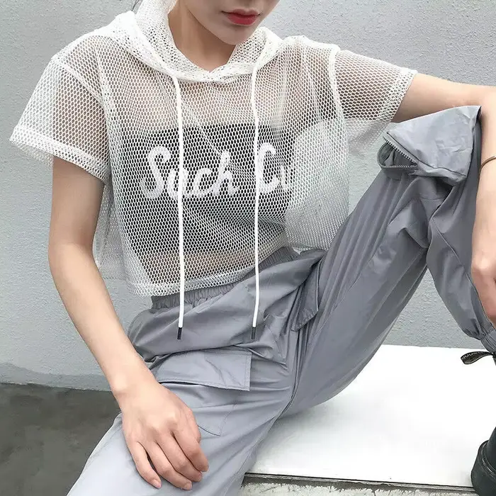 T-shirt à capuche en maille creuse pour femme, t-shirt à manches courtes, noir transparent, fête Clu