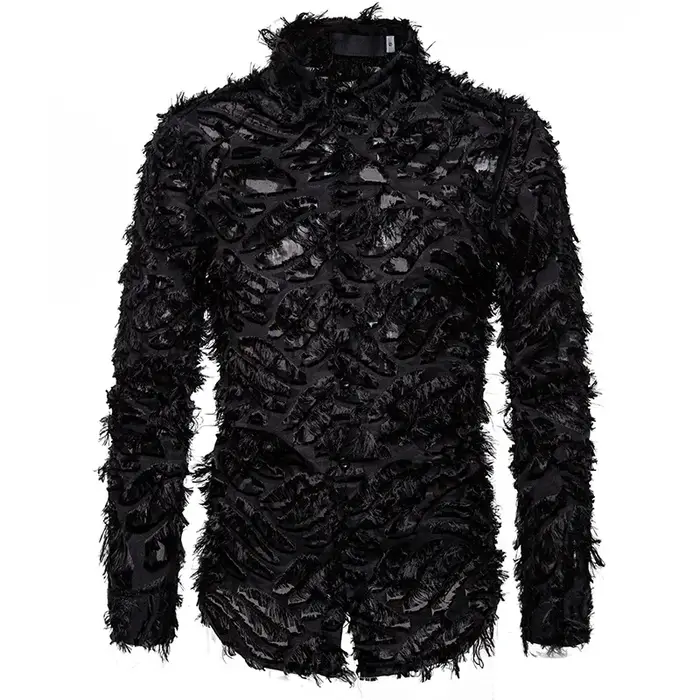 Chemise noire sexy à manches longues et plumes pour hommes