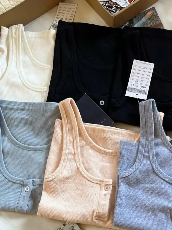 Débardeur côtelé slim femme été uni simple en coton à trois boutons sans manches décontracté vintage streetwear Y2K