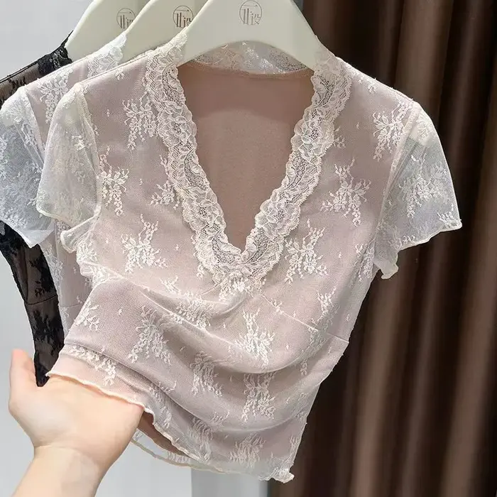 T-Shirt femme Y2k Sexy maille florale T-Shirts hauts été à manches courtes col rond couleur unie Vin