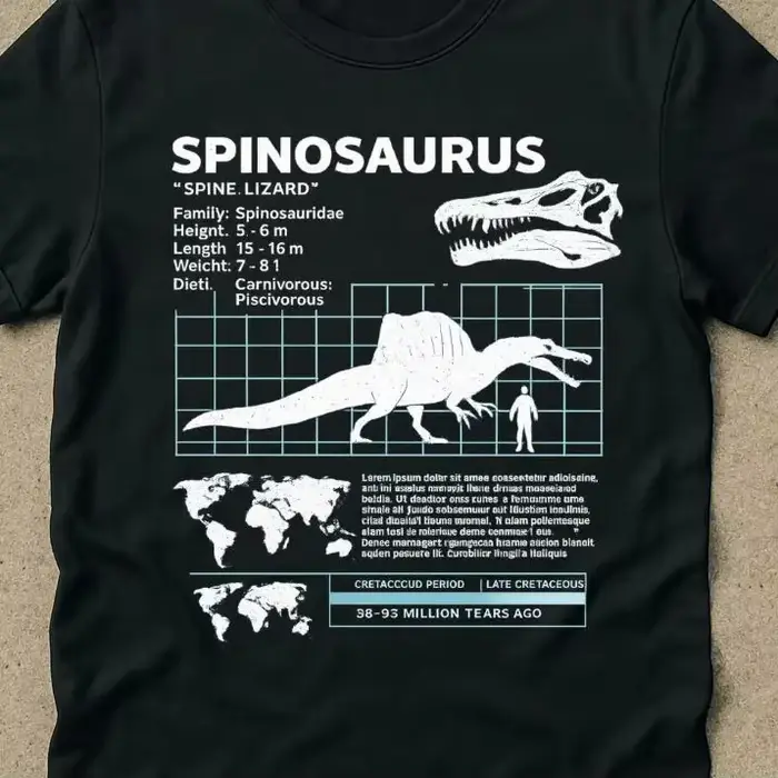 T-shirts avec fiches techniques Spinosaurus, T-shirts graphiques rétro des années 90, T-shirts vinta