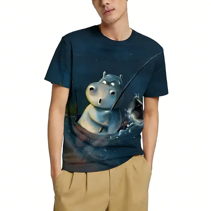 T-shirt à imprimé graphique hippopotame de dessin animé, personnalité animale, mode masculine, décontracté, drôle, impression 3D, streetwear, basique, col rond, manches courtes