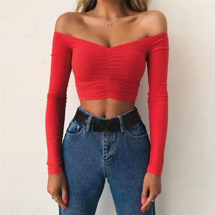 T-shirt à manches longues et épaules dénudées pour femmes