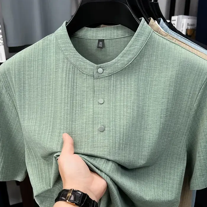 T-shirt Henley en lin texturé pour homme avec col mandarin