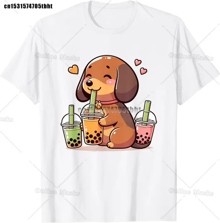 T-shirt japonais Kawaii Corgi Dog, Shiba Inu, Boire du thé aux bulles, T-shirt Boba, Tenue de boisso