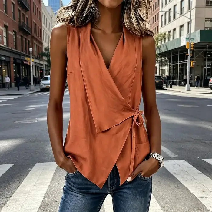 Débardeur Femme Col Revers en V Sans Manches avec Bande Latérale Coupe Classique – Idéal pour le Travail
