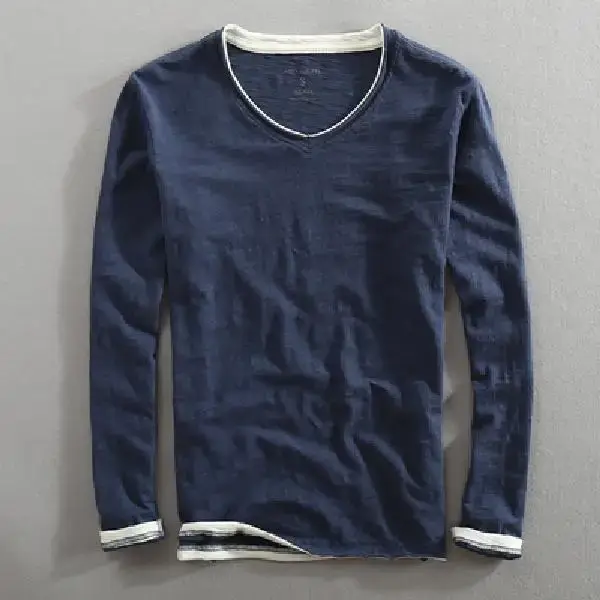 Hommes à manches longues T-shirt coton col en v solide décontracté hauts t-shirts pour hommes japona