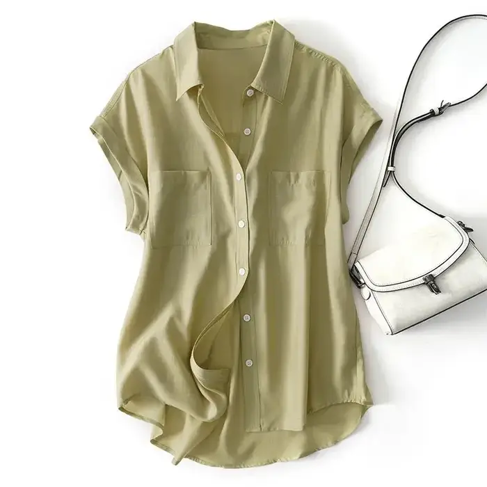 Vert solide décontracté col Polo simple boutonnage à manches courtes femmes Blouse chemise