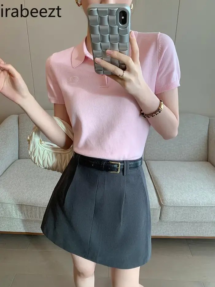 Polo rose tricoté T-shirt haut pour femme chemises à manches courtes 2025 nouvelle chemise printemps été pour femmes vêtements