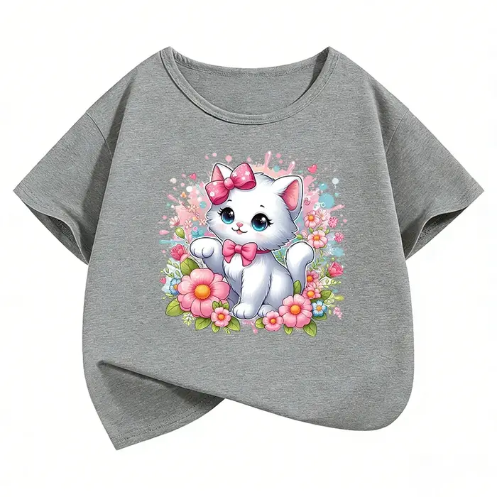 T-shirt imprimé chat avec nœud Kawaii
