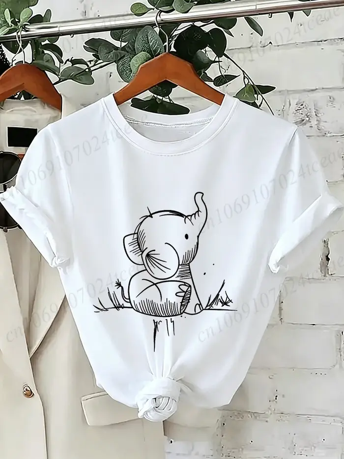 T-shirt unisexe à col rond et manches courtes pour femme, imprimé éléphant, motif animal sauvage, streetwear décontracté, coupe ample, hauts de mode quotidiens