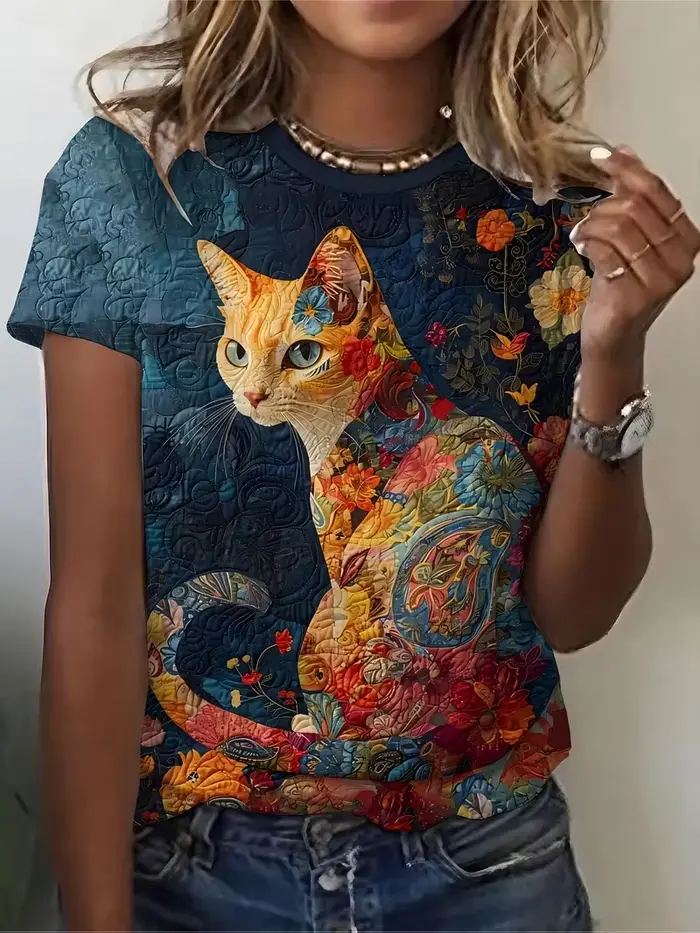T-shirts Kawaii Chaton Imprimé 3D Animaux Femme Décontracté Manches Courtes Col Rond T-shirt Harajuku Y2K Hauts Vêtements Féminins