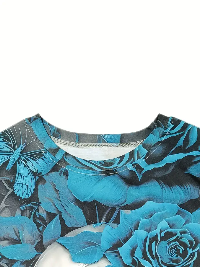 T-shirt pour femme - Motif tête de mort et rose turquoise