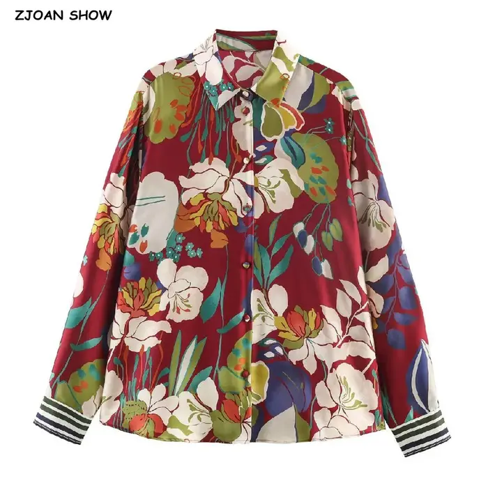Chemisier Chic en Satin Rouge Profond à Imprimé Floral avec Col Revers