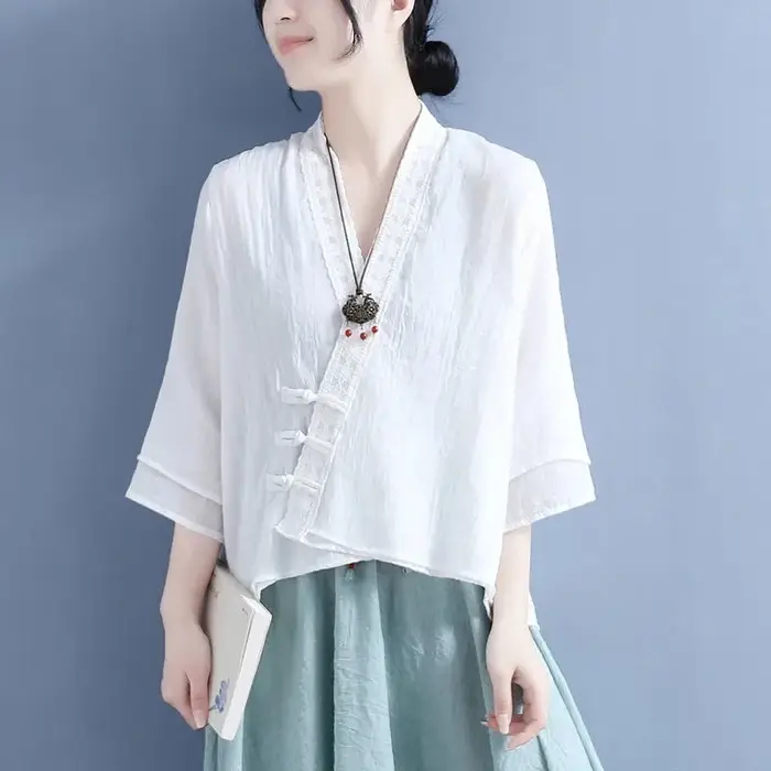 Chemise en dentelle à col en V pour femmes, style ethnique, revers incliné, manches trois-quarts, vi