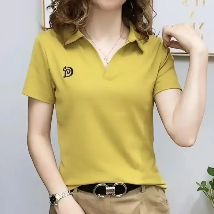 Polo t-shirt pour femmes à manches courtes nouvel été col en v lettre pull tricoté t-shirts femme vêtements grande taille dames hauts