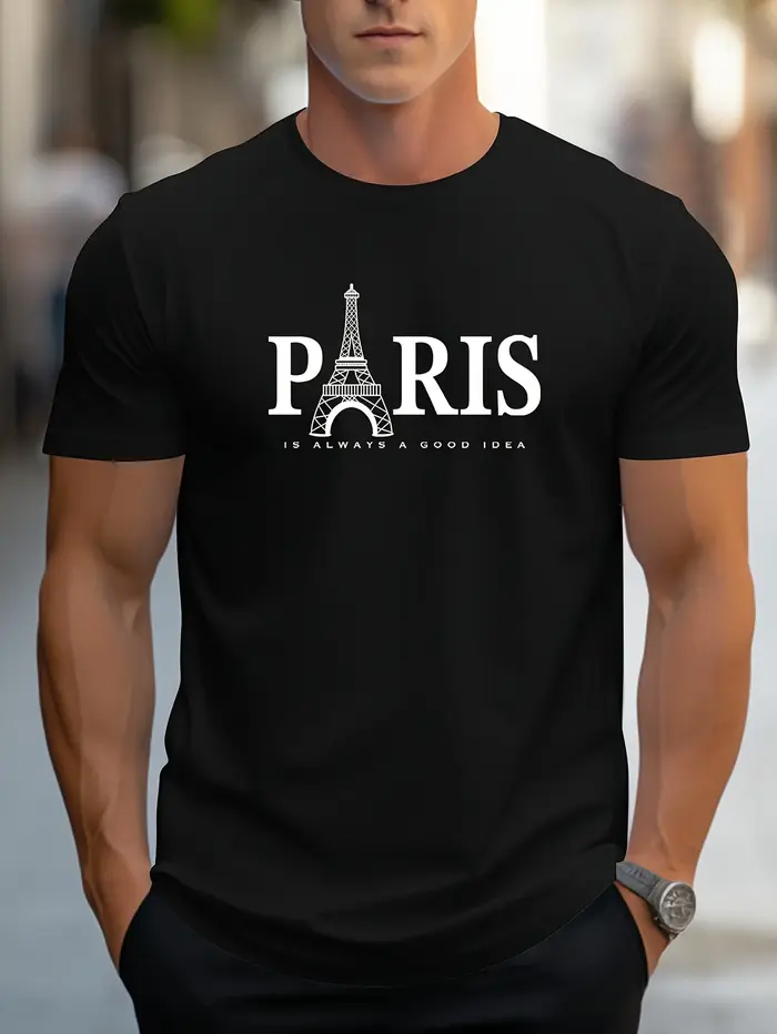 T-shirt à motif Tour Eiffel de Paris pour hommes - Col rond décontracté, T-shirt à manches courtes, 