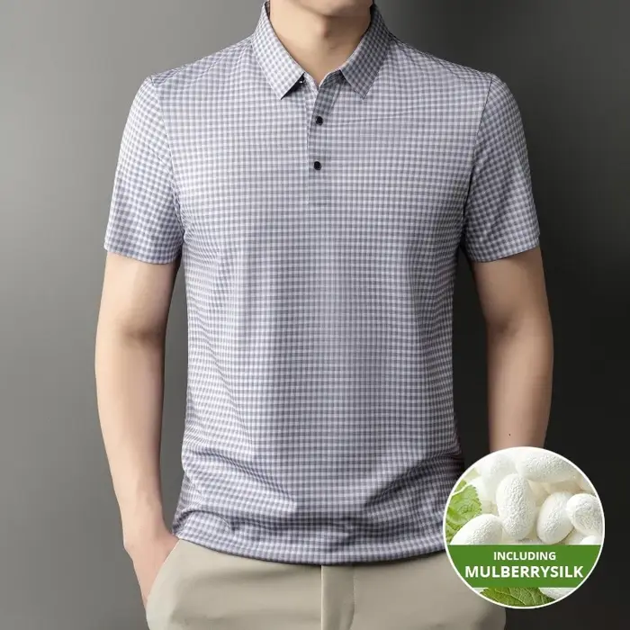 2025 Top Grade mûrier soie Anti-rides nouvelle marque d'été Polo à manches courtes décontracté hauts mode à carreaux hommes vêtements