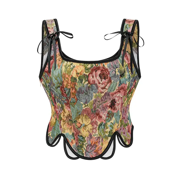 Xingqing Corset culture hauts Sexy femmes français Vintage Floral sans manches cravate Bustier t-shirts dames vêtements été Streetwear