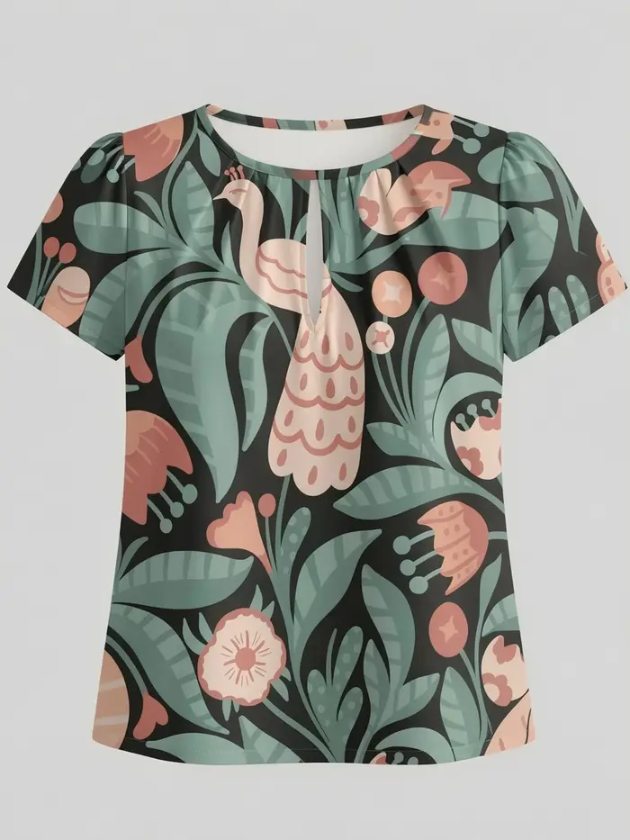 Nouveau T-shirt Femme 2026, Idéal pour les Vacances à la Plage, Col Rond Manches Courtes Imprimé Amp