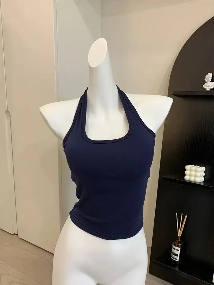 Nouveau coton bleu côtelé tricoté Sexy hauts col été chemises de base maigre mince Sport gilet décontracté épaules dénudées débardeur pour femmes