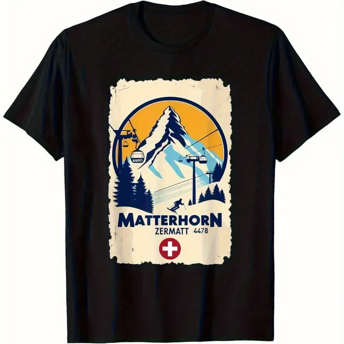 Matterhorn Zermatt station de Ski Vintage motif alpin T-Shirt coton tissu évacuant l'humidité hommes noir à manches