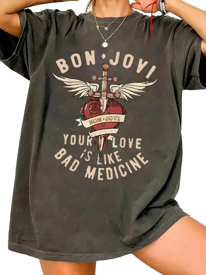 T-shirt à imprimé graphique pour femmes, haut noir décontracté à manches courtes, design Bon Jovi Yo