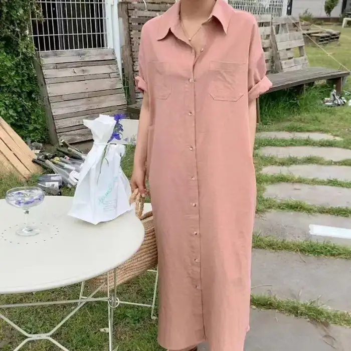Robe chemise pour femme, idéale pour le quotidien, été, manches longues ou courtes, longueur genou, jupe longue