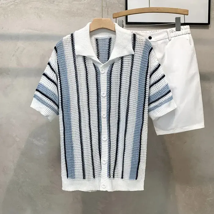 Polo tricoté à rayures rétro américain pour homme, manches courtes, décontracté d'été, ajouré, desig