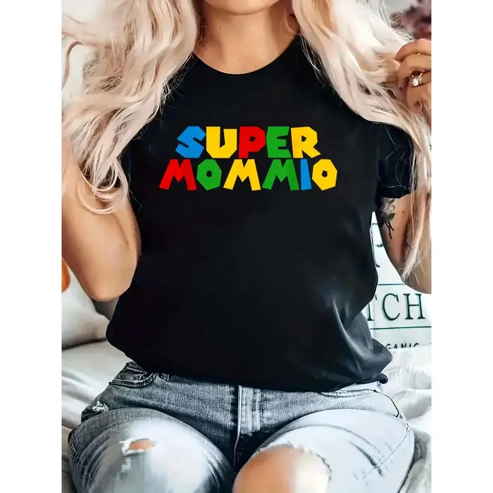 Super Mommio T-shirt imprimé avec texte coloré, vêtements de maison doux pour femmes, cadeaux pour l