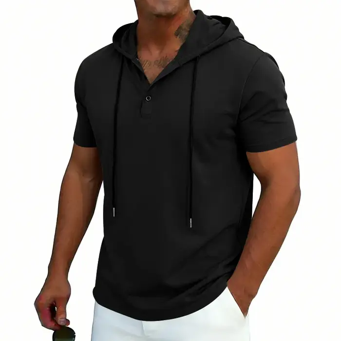 T-shirt à capuche confortable à manches courtes pour homme 2026 – Col Henley