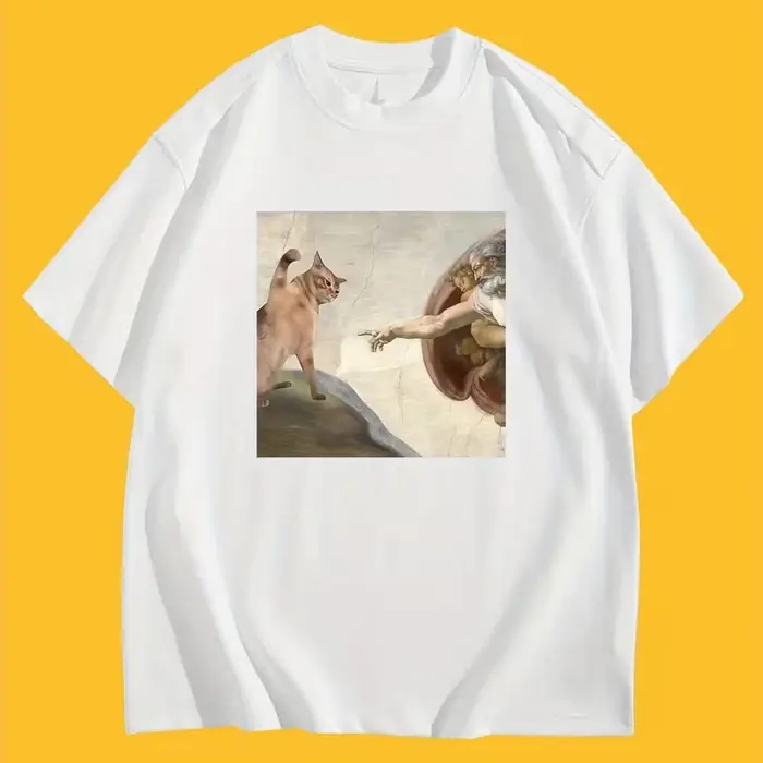 T-shirt humoristique à motif de parodie de la création du chat et d'Adam, décontracté, col rond, man