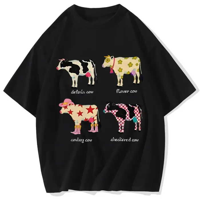 Mode mignon dessin animé vache imprimé T-Shirt pur coton lavé épaule col rond Style neutre tendance