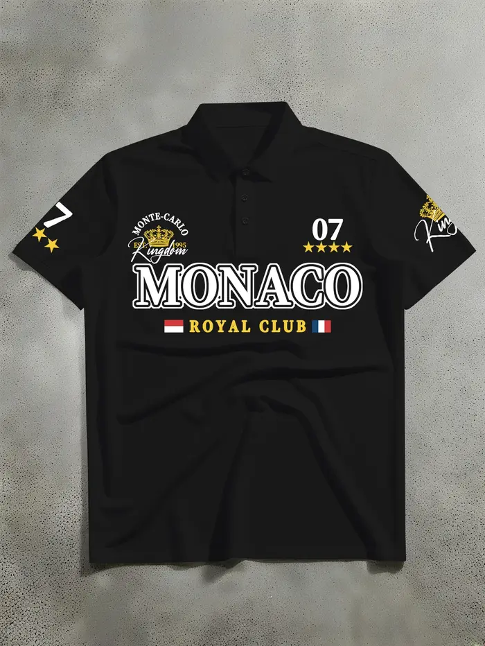 Polo imprimé pour homme style rétro américain Monaco Royal Club 07, col ample, style streetwear déco