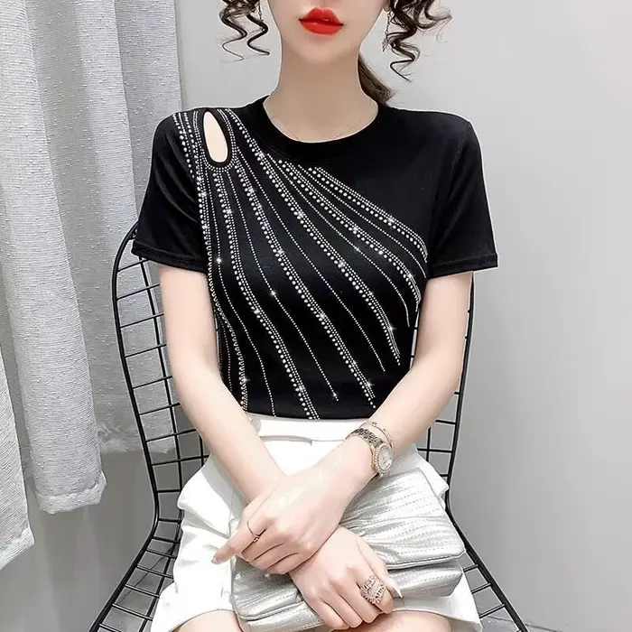 T-shirt à manches courtes pour femme, Nouvelle Collection 2026, avec découpes en dentelle et strass 