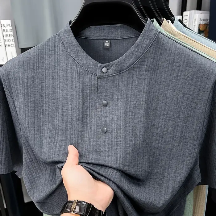 T-shirt Henley en lin texturé pour homme avec col mandarin
