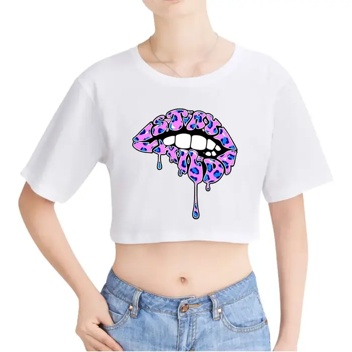Ben Azelart Stay Wild Lip Vintage 90s Crop Top Exposed Navel T-Shirt Oversize O-Neck Tops Women Funny