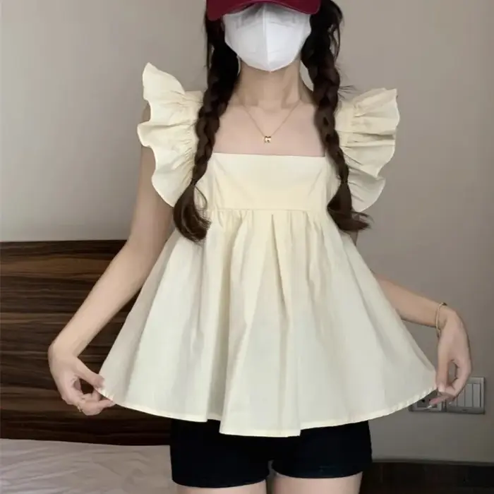Haut court à nœud papillon pour femme, sans manches, à volants, coupe ample, décontracté, pour l'été