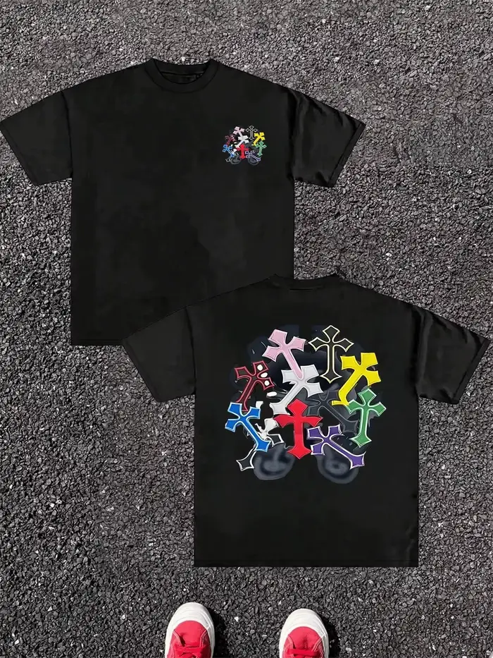 T-shirt pour homme en coton pur, impression numérique double face avec graphismes de croix colorées,