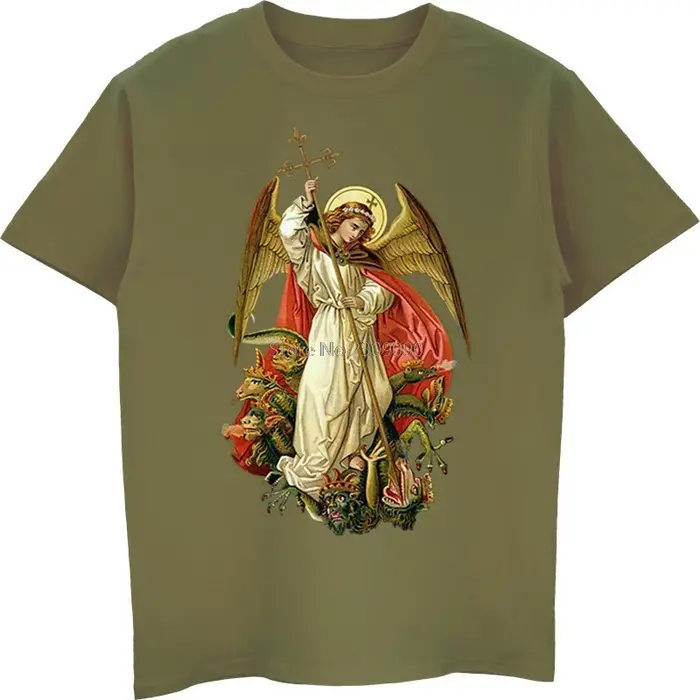 Saint Michael détruire le diable catholique chrétien T-shirt hommes coton à manches courtes T-shirt 