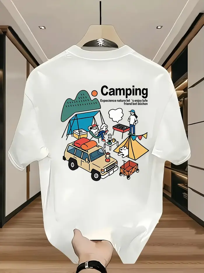 T-shirt pour homme Camping Adventure, imprimé graphique, décontracté, en coton, manches courtes, str
