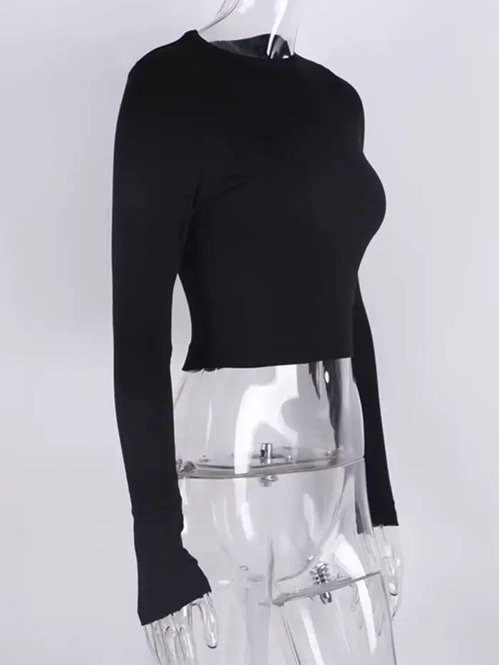 O cou à manches longues chemise femmes côtelé Sexy hauts courts 2022 printemps noir décontracté maigre mince basique femme t-shirts blanc