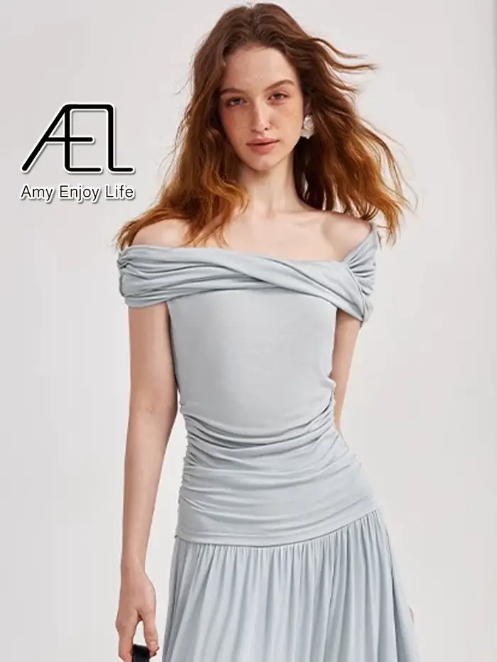 AEL femmes été coupe ajustée haut élastique Sexy asymétrique T-Shirt décontracté extensible Blouse pour dames