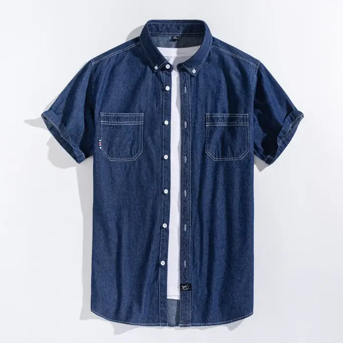 Chemises en Denim pour hommes, chemises à manches courtes, en coton, Slim, avec poches, de haute qua