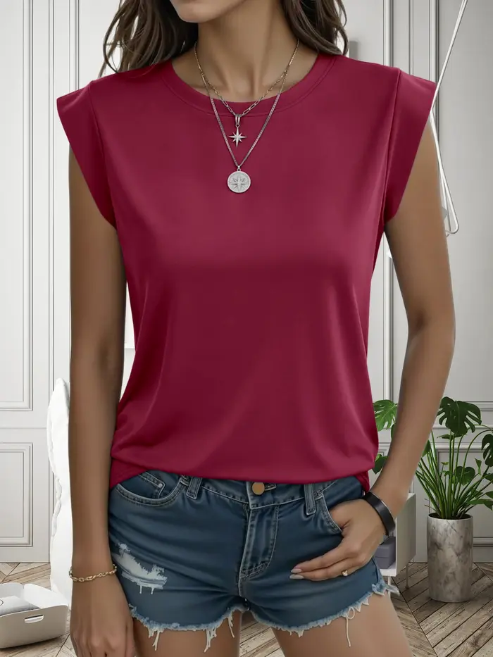 T-shirt à manches courtes pour femme, été 2025, décontracté, col rond, coupe ample, couleur unie, po