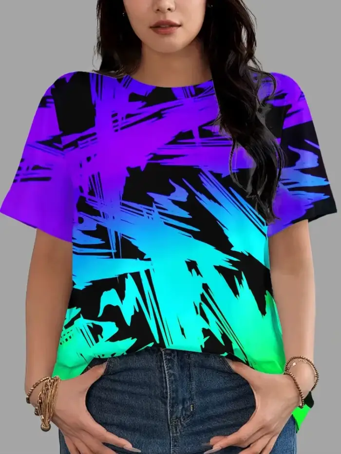 T-shirt pour femme à imprimé dégradé néon, respirant, en polyester, à manches courtes, style streetw