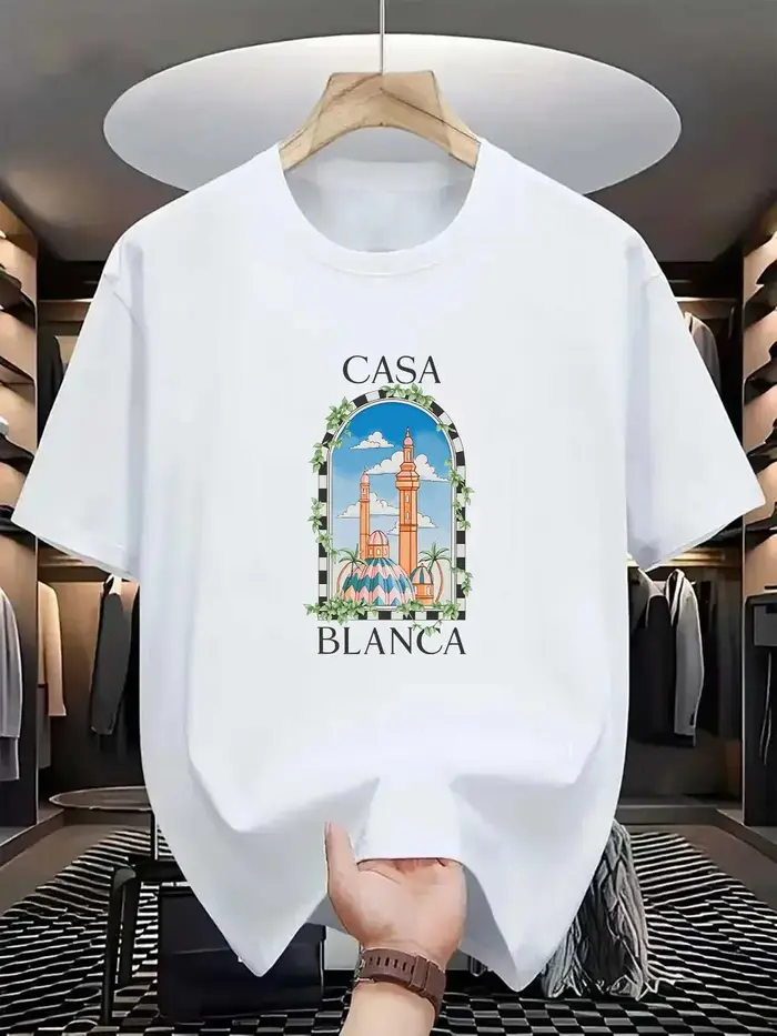 T-shirt vintage Casablanca à motif architectural, streetwear pour homme, manches courtes, été, hip-h