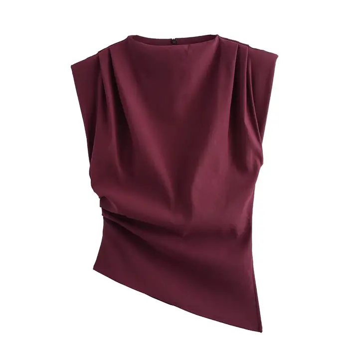 HH femme été décontracté asymétrique hauts 3 couleurs solide col rond sans manches dos fermeture écl