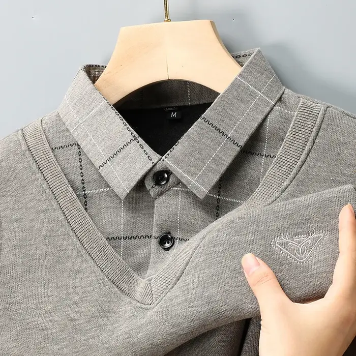 Polo classique doublé polaire pour hommes, col de chemise, pull à manches longues, vêtements d'autom