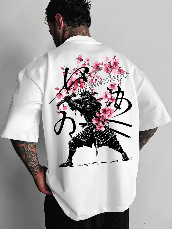 T-shirt imprimé couteau de samouraï japonais à fleurs de cerisier pour homme